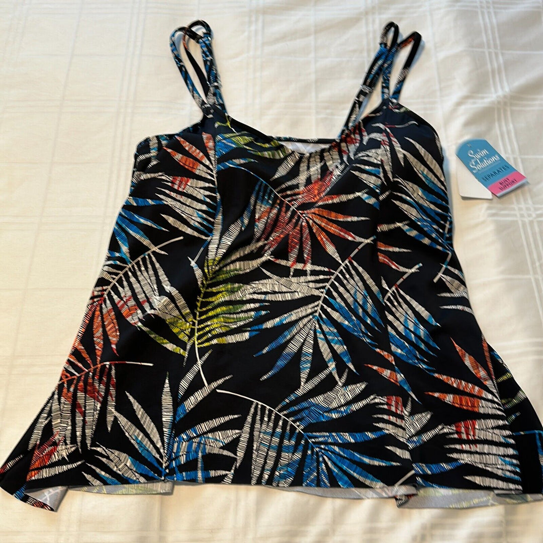 Swim Solutions Women's Black Palm Leaf V-Neck Swimwear Tankini Top Size 12