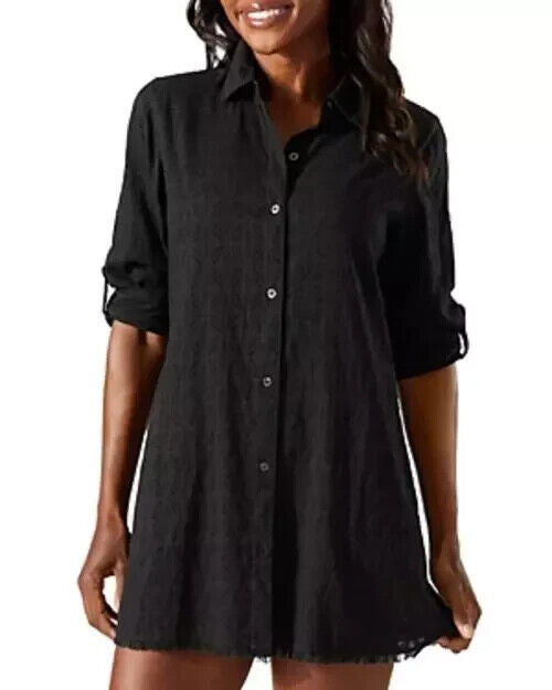 Tommy Bahama Womens Black Cotton Clip Jacquard Boyfriend Cover-Up Shirt Size L