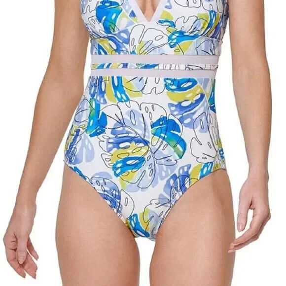 Tommy Hilfiger Women's White Monstera Leaf Plunge One Piece Swimsuit Size 14