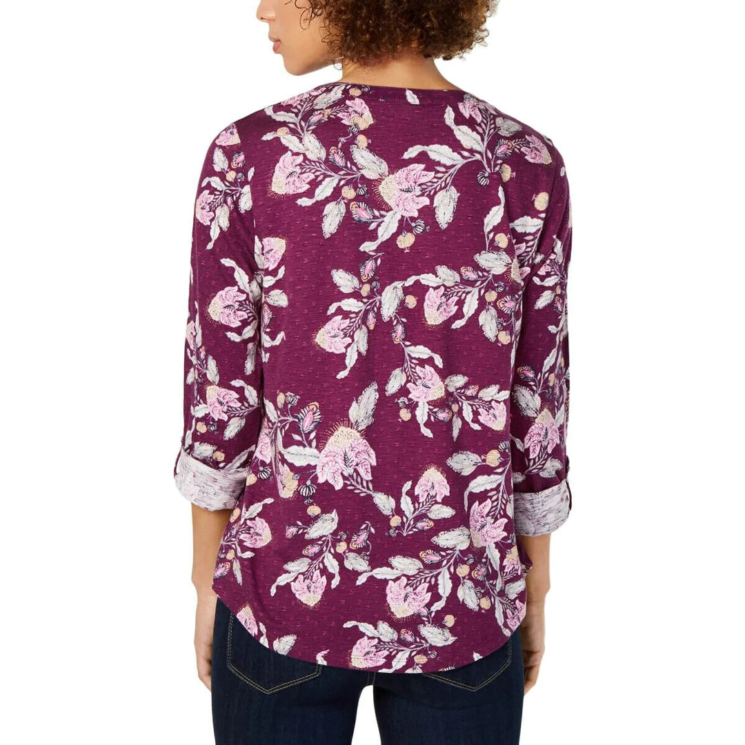 Style & Co Women's Vivid Violet Floral 3/4 Sleeve Henley Blouse Top Size PXL