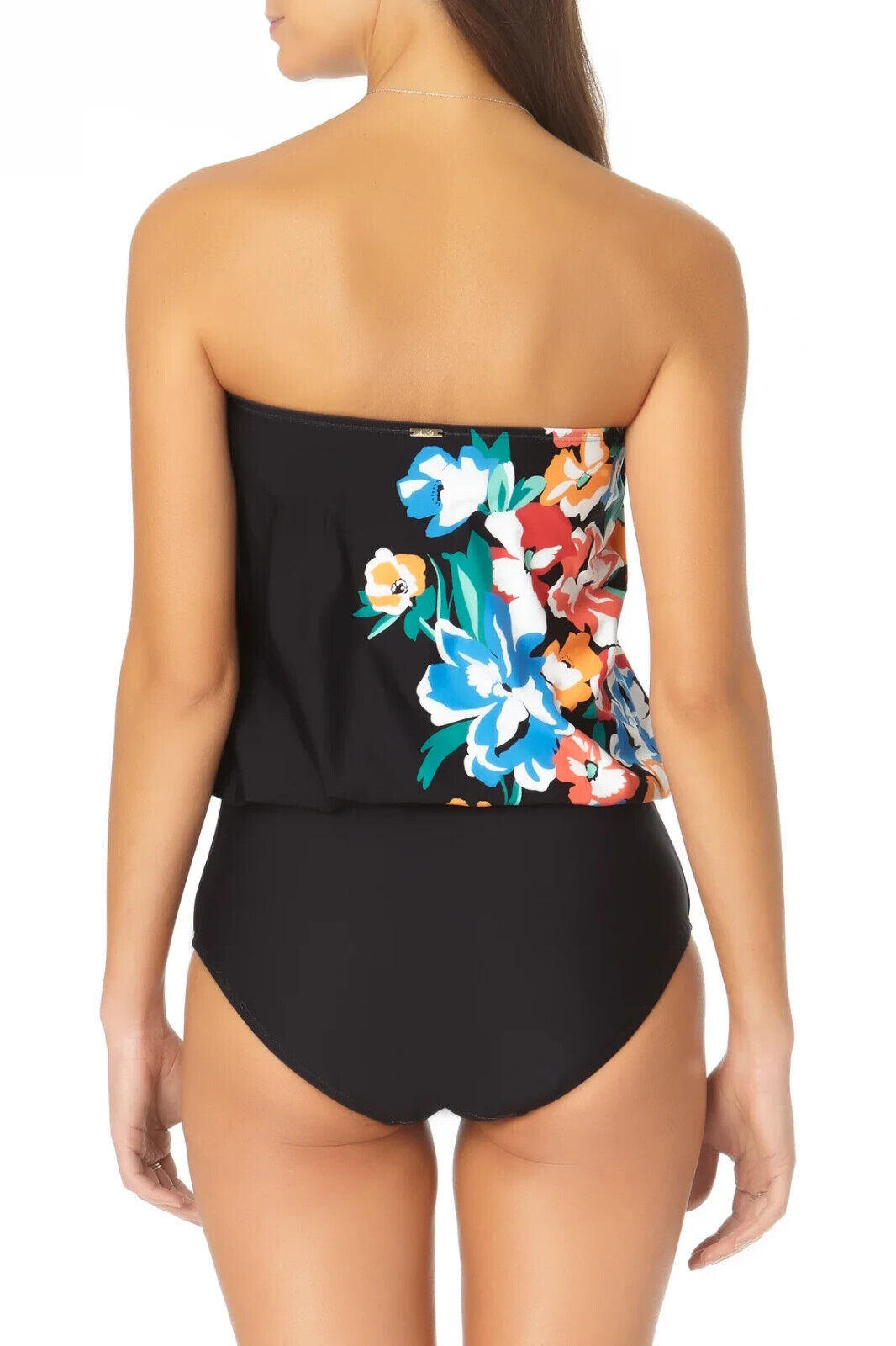 Anne Cole Women's Black Floral Keyhole Detail Blouson One Piece Swimsuit Size 12