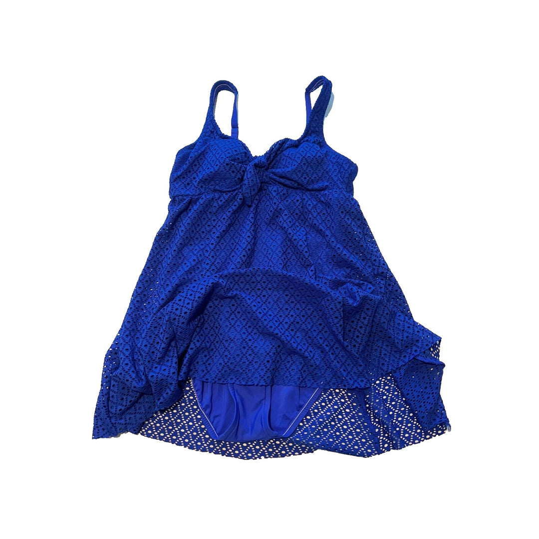 Swim Solutions Cobalt Blue Crochet Bow Front Tummy Control Swim Dress Size 18W