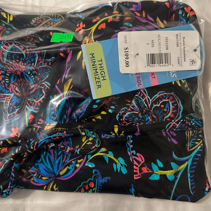 Swim Solutions Women's Black Floral Tummy Control Empire Waist Swimdress Size 8