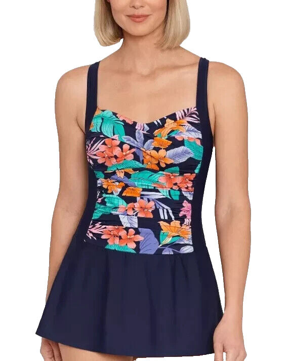 Swim Solutions Women's Navy Multi Tummy-Control Skater Swimdress Size 14