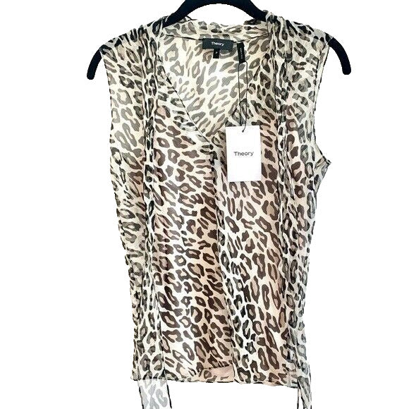 Theory Women's Ivory Leopard Print Sleeveless Crinkle Tie Blouse Top Size PP