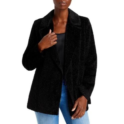 Theory Women's Black Clairene Faux Fur Embossed Collared Open Front Jacket Sz S