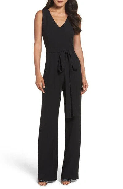 Vince Camuto Womens Rich Black Essentia Crepe Tie Front Wide Leg Jumpsuit Size 2