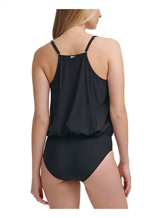 Calvin Klein Women's CG1MS737 Black Crossover Blouson One Piece Swimsuit Size 16