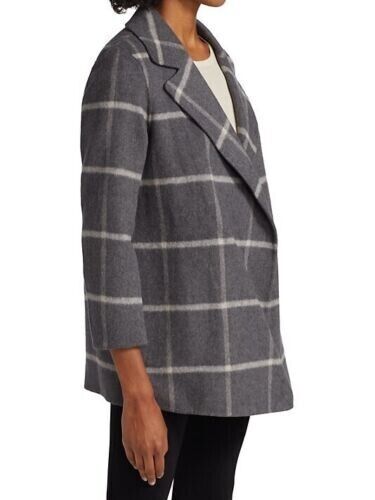 Theory Clairene Women's Gray Check Wool Blend Long Sleeve Open Front Coat Size L