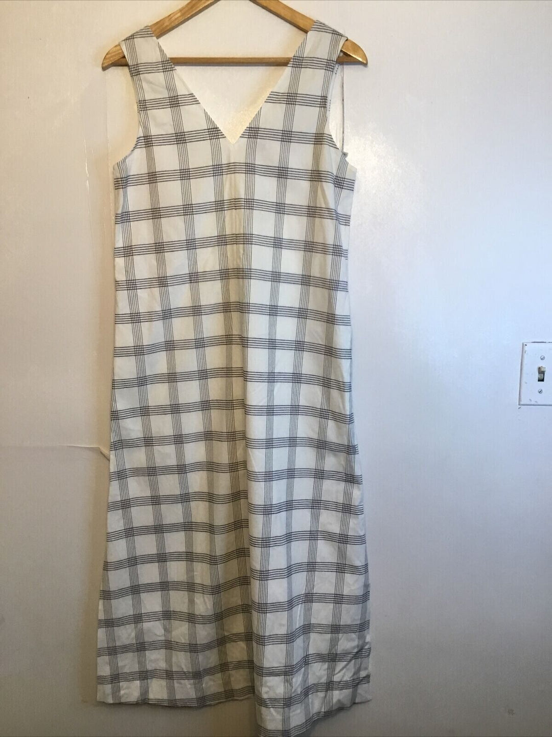 Theory Women's Ivory Spring Plaid Deep V-Neck Side Slit A Line Midi Dress Size M