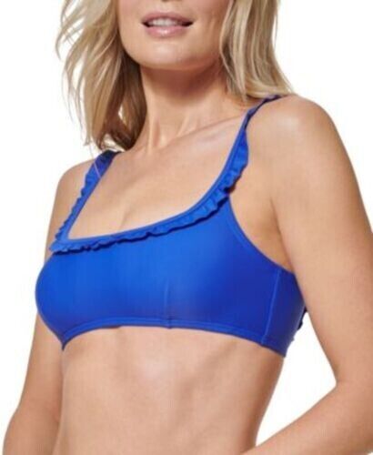 Tommy Hilfiger Women's Blue Ruffle Trim Swimwear Bikini Top Size Medium,