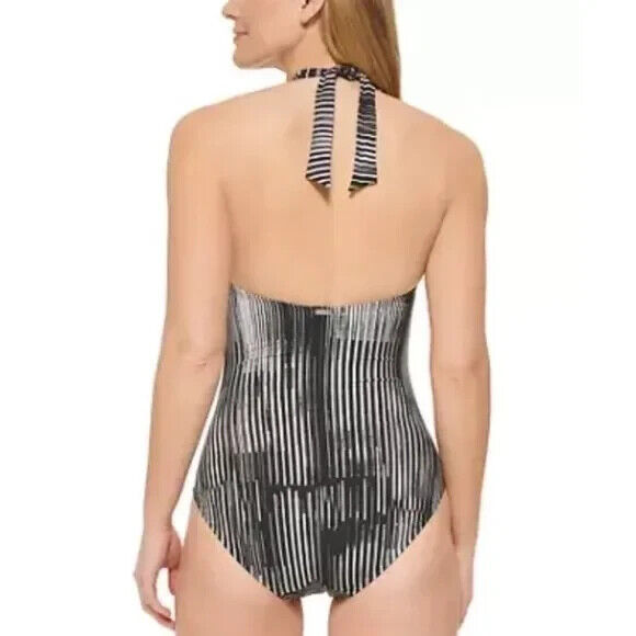 Calvin Klein Women's Black Striped Side Shirred Halter One-Piece Swimsuit Sz 12