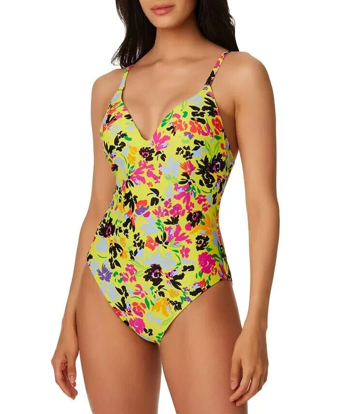 Bar Iii Womens Citron Floral Chic Adjustable Strap One-Piece Swimsuit Size Large