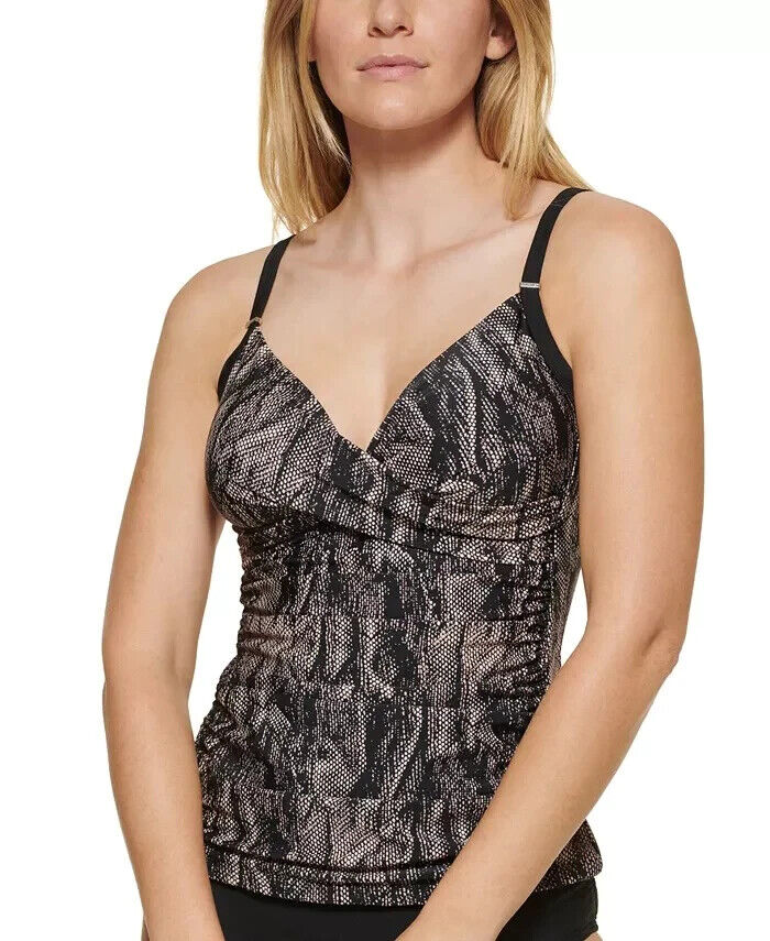 Calvin Klein Women's Black Animal Print Twist Tummy Control Tankini Swim Top S