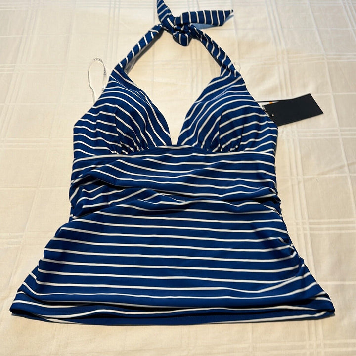 Tommy Hilfiger Women's Gulf Blue Striped Ruched Halter Tankini Swim Top Size S