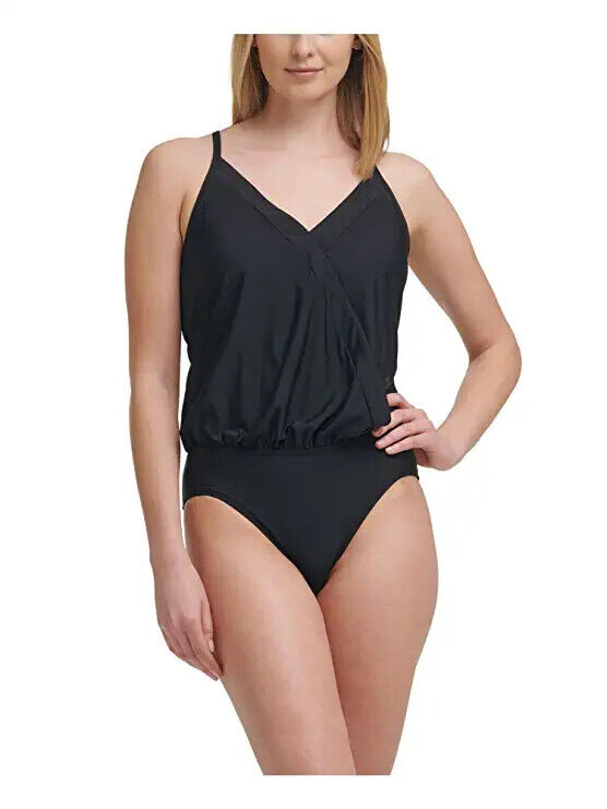 Calvin Klein Women's CG1MS737 Black Crossover Blouson One Piece Swimsuit Size 16