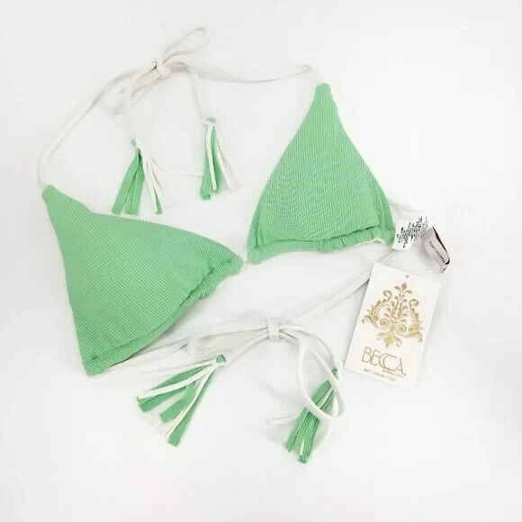 BECCA Women's Green Ribbed Tasseled Strappy Triangle Bikini Top Size Small