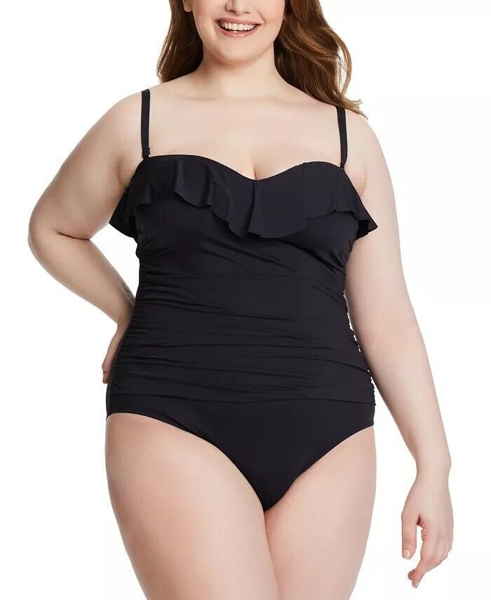 Bleu Rod Beattie Women's Black Kore Shirred Ruffle One-Piece Swimsuit Size 22W