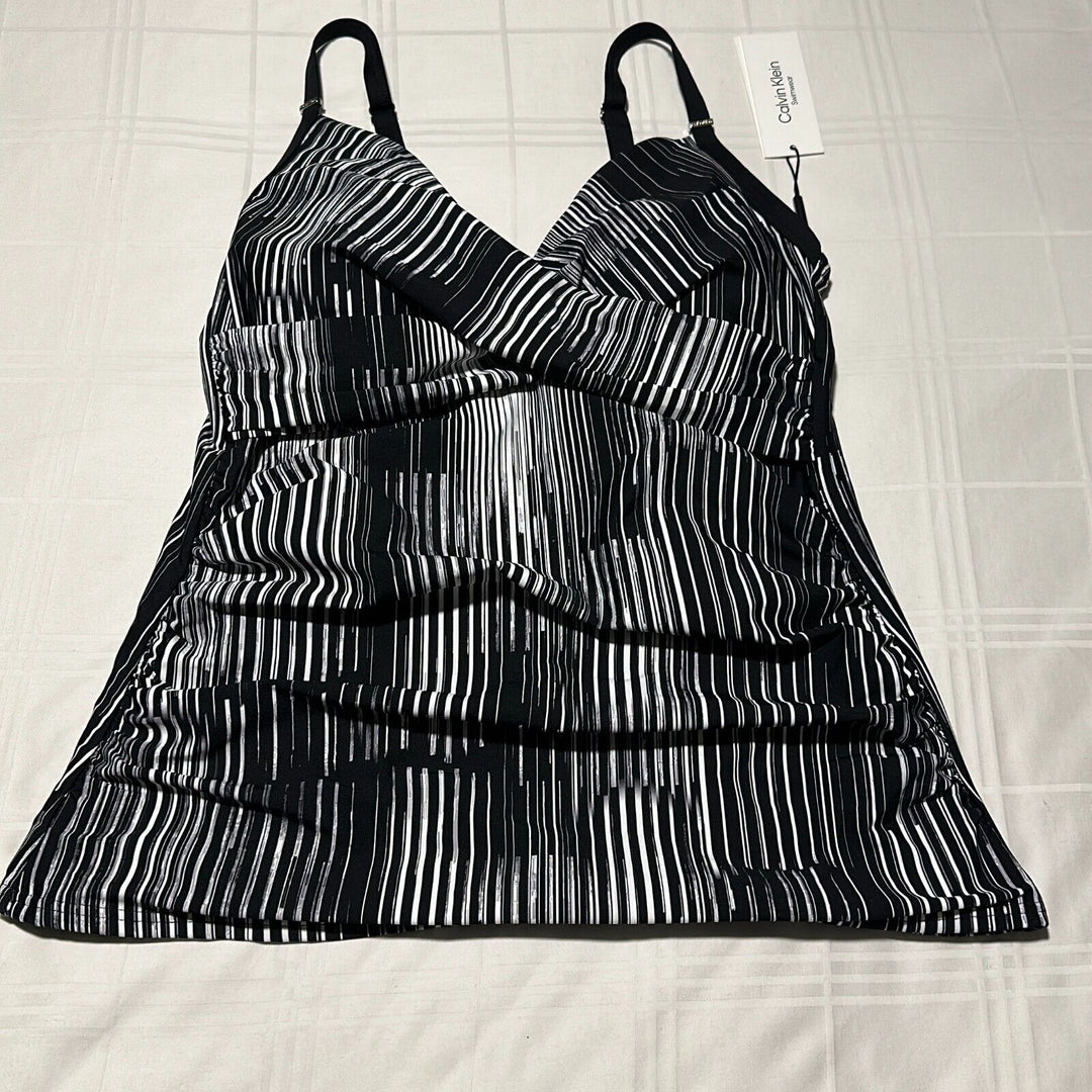 Calvin Klein Women's Black Striped Twist Front Tummy Control Tankini Top Size XL