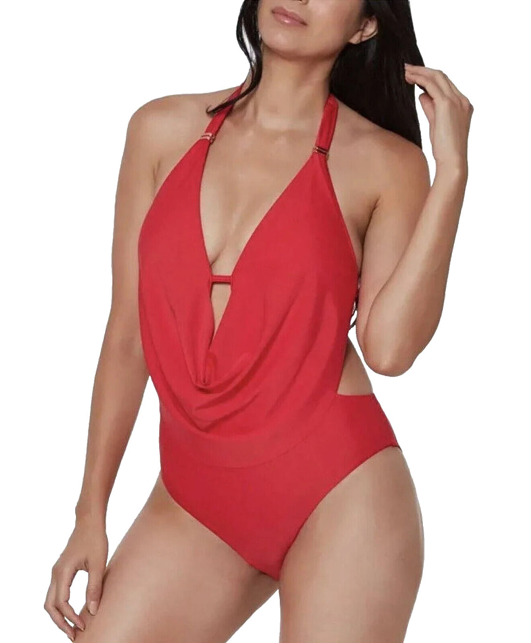 Bar III Women's Red Solid Plunging Cowlneck Halter One Piece Swimsuit Size XS