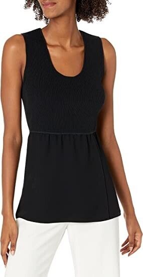 Theory Women's Black Crepe Combo Scoop Neck Sleeveless Ribbed Blouse Top Size M