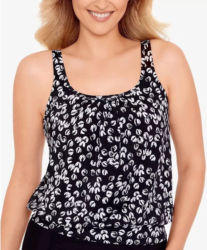 Swim Solutions Women's Black & White Printed Shirred-Neck Tankini Top Size 12