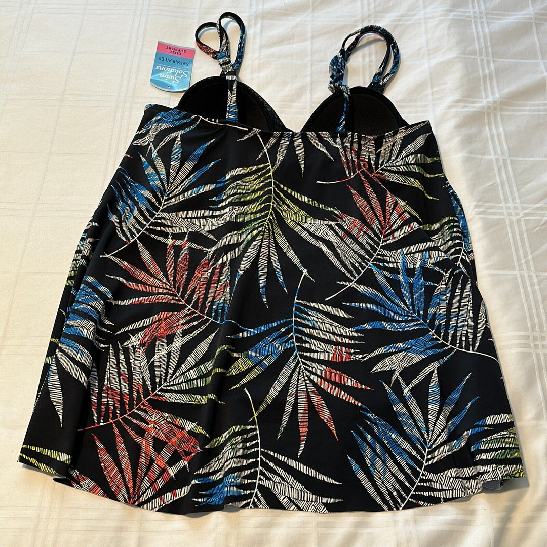 Swim Solutions Women's Black Palm Leaf V-Neck Swimwear Tankini Top Size 12