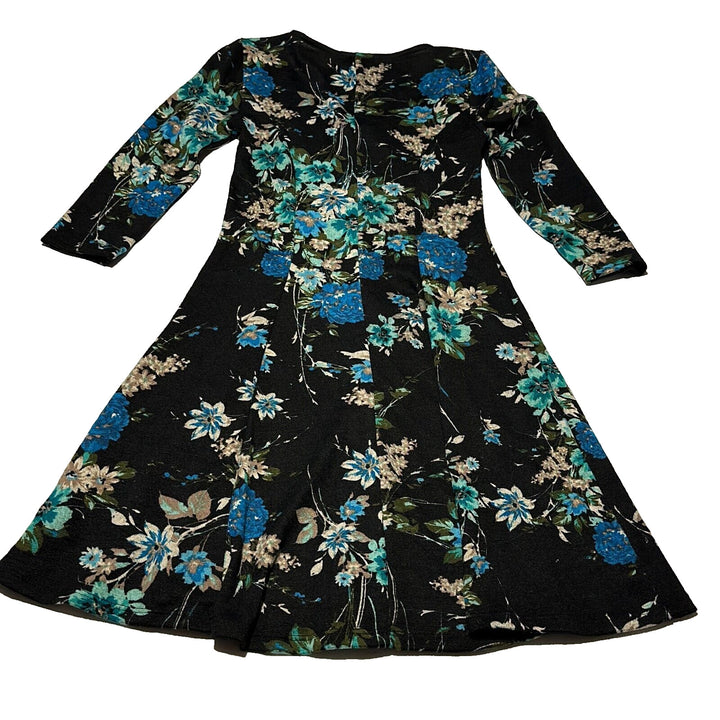 Be Bop Women's Black Floral 3/4 Sleeve Sweatheart Neck Mini Dress Size Medium