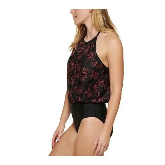 Calvin Klein Women's Black Floral Stretch Blouson One Piece Swimsuit Size 8