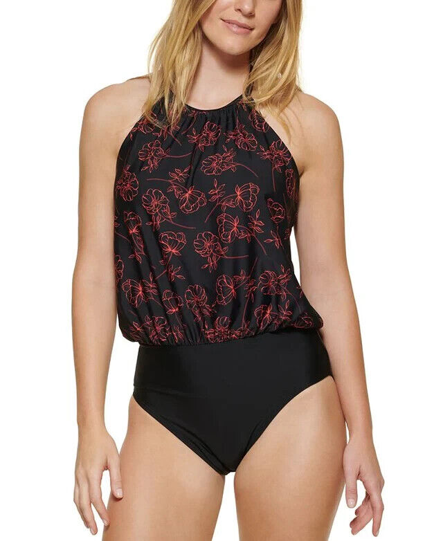 Calvin Klein Women's Black Floral Blouson Halter One Piece Swimsuit Size 16