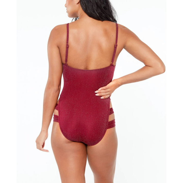 Bar III Women's Shimmer & Shine MBSS21217 Burgundy Strappy Leg Swimsuit Sz Small