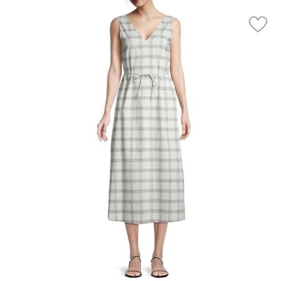 Theory Women's Ivory Spring Plaid Deep V-Neck Side Slit A Line Midi Dress Size M