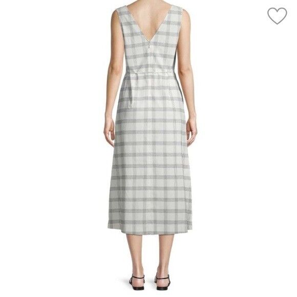 Theory Women's Ivory Spring Plaid Deep V-Neck Side Slit A Line Midi Dress Size M