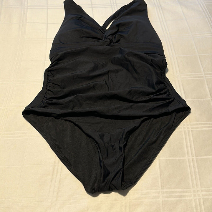 Calvin Klein Women's Black Strappy Back Plunge Neck One Piece Swimsuit Size 16