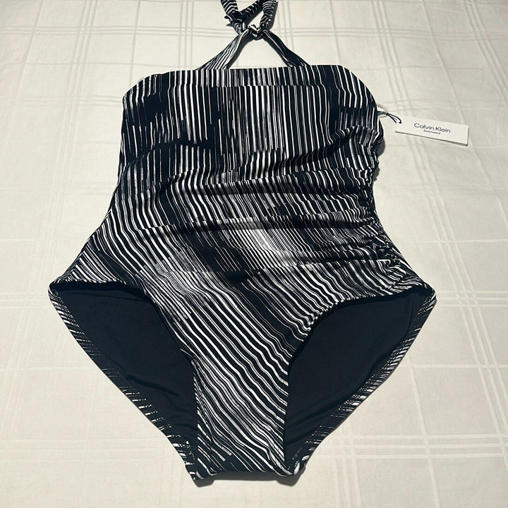 Calvin Klein Women's Black Striped Side Shirred Halter One-Piece Swimsuit Sz 12