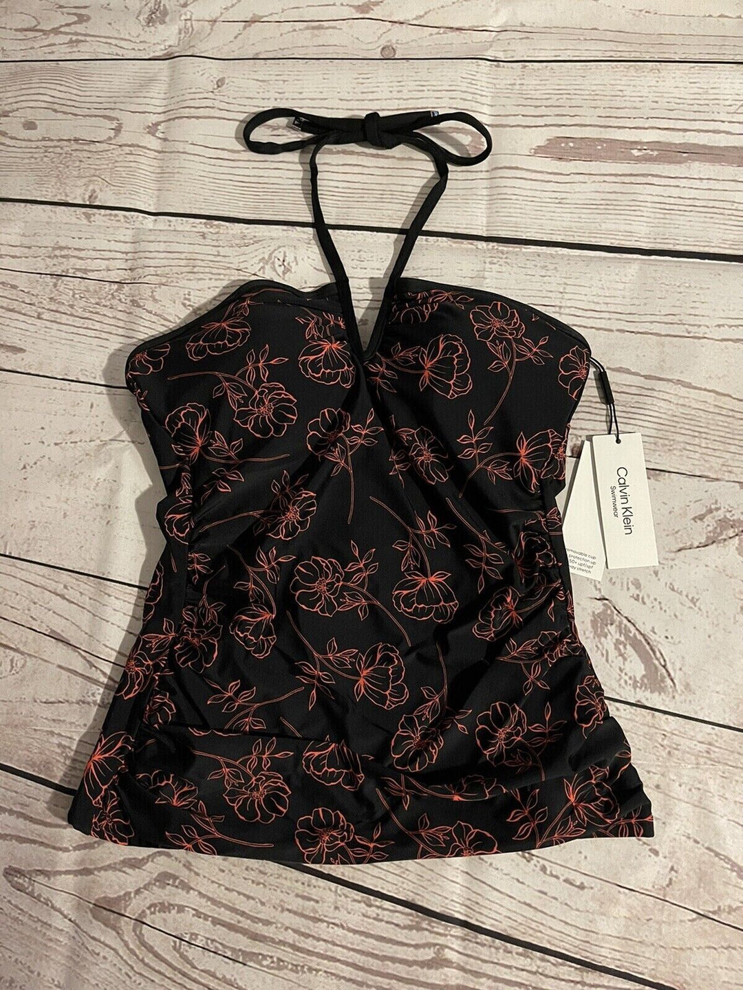 Calvin Klein Women's Black Floral V-Wired Halter Tankini Swim Top Size S