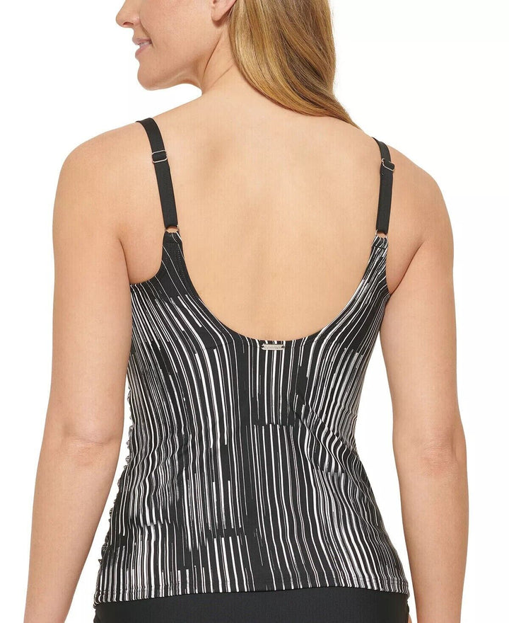 Calvin Klein Women's Black Striped Twist Front Tummy Control Tankini Top Size XL