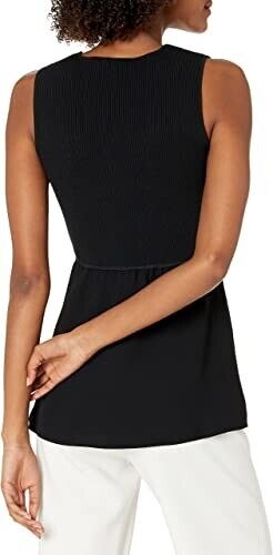 Theory Women's Black Crepe Combo Scoop Neck Sleeveless Ribbed Blouse Top Size M