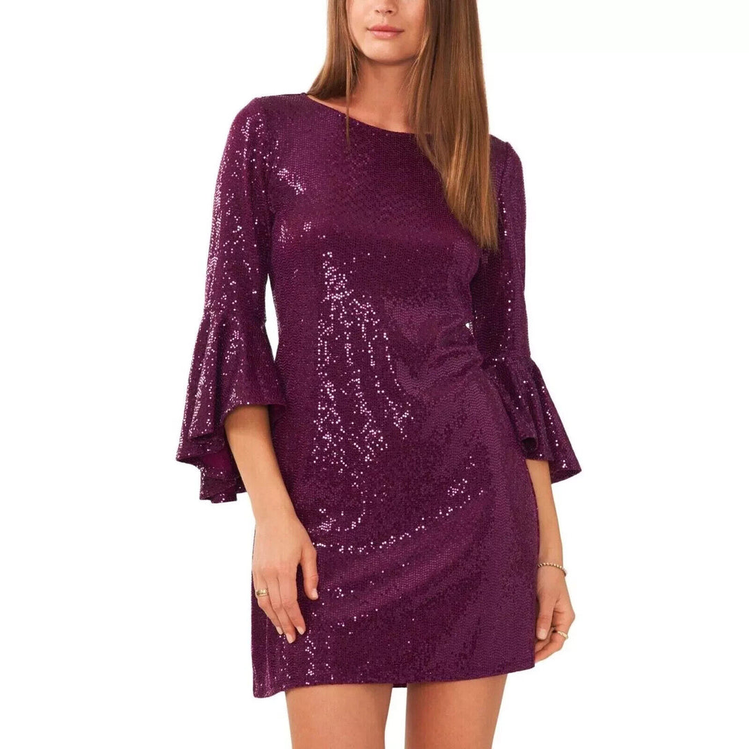 Vince Camuto Women's Arresting Plum Metallic Flounced-Sleeve Dress Size X-Small