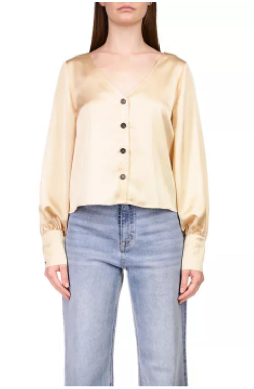 Sanctuary Women's Oat Milk Long Sleeve V-Neck Button Front Blouse Top Size XS