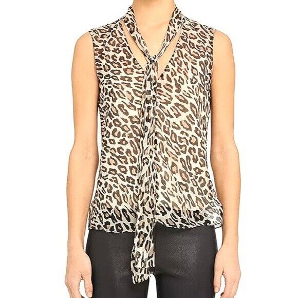 Theory Women's Ivory Leopard Print Sleeveless Crinkle Tie Blouse Top Size PP