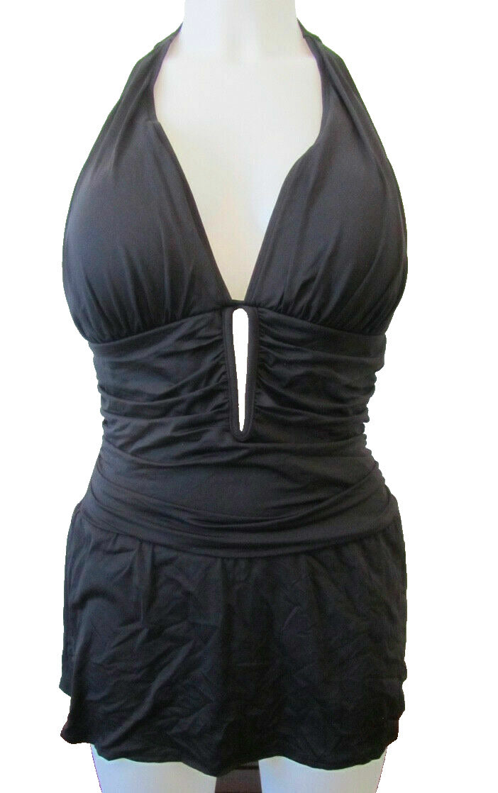 Bleu Rod Beattie Women's Black Halter Pleated Skirt Swimsuit One Piece Size 6