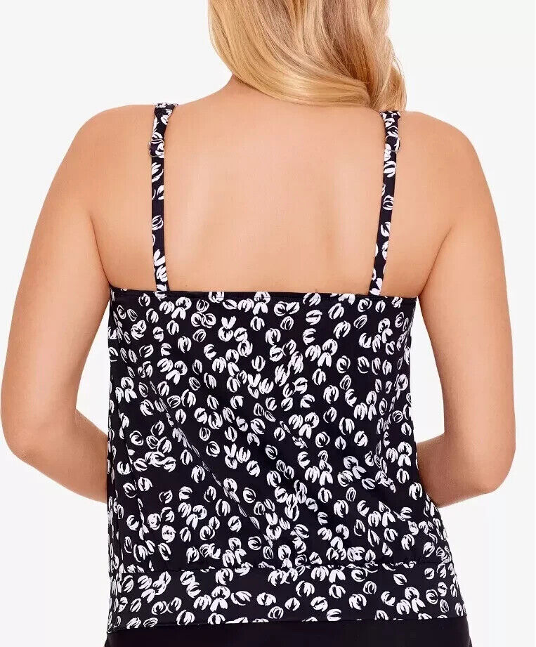 Swim Solutions Women's Black & White Printed Shirred-Neck Tankini Top Size 12