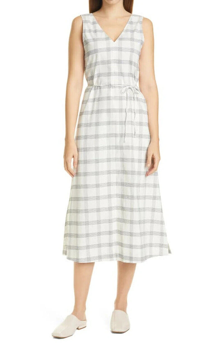 Theory Women's Ivory Spring Plaid Deep V-Neck Side Slit A Line Midi Dress Size M