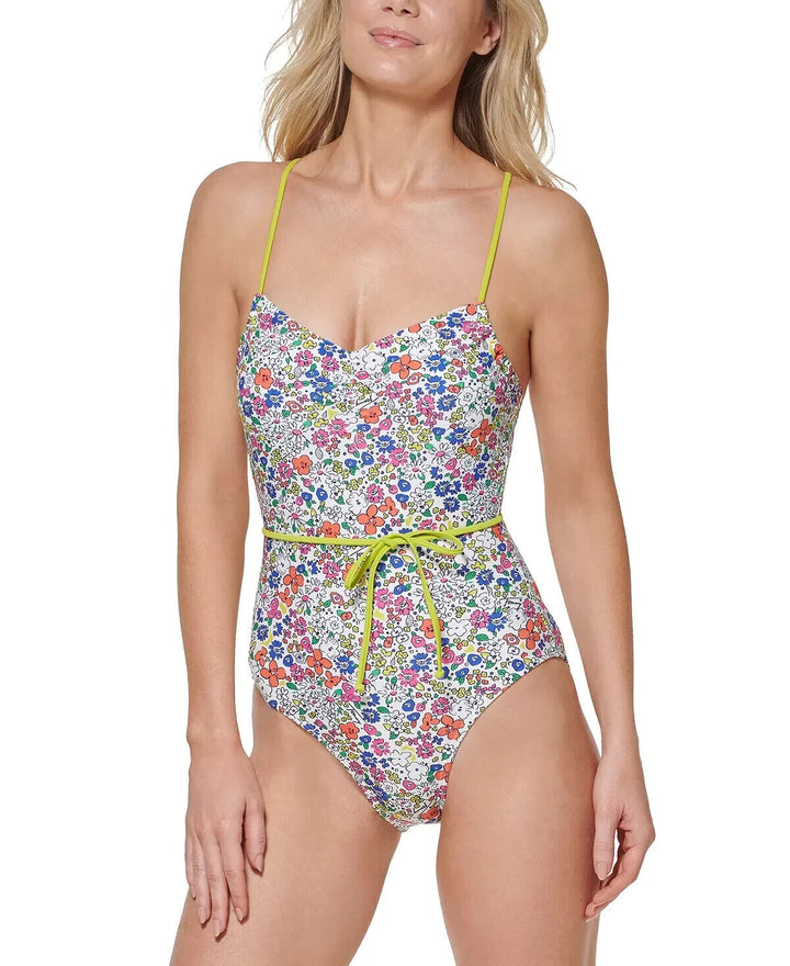 Tommy Hilfiger Women's White Penelope Floral Adjustable One Piece Swimsuit Sz 4