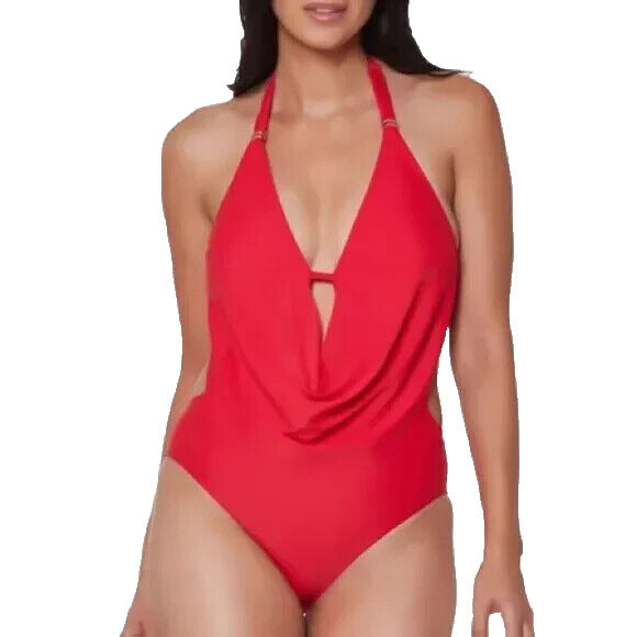 Bar III Women's Red Solid Plunging Cowlneck Halter One Piece Swimsuit Size XS