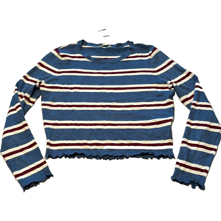 Ultra Flirt Women's Midnight Blue Striped Lettuce Edge Pullover Sweatshirt Sz M