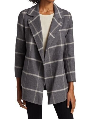 Theory Clairene Women's Gray Check Wool Blend Long Sleeve Open Front Coat Size L