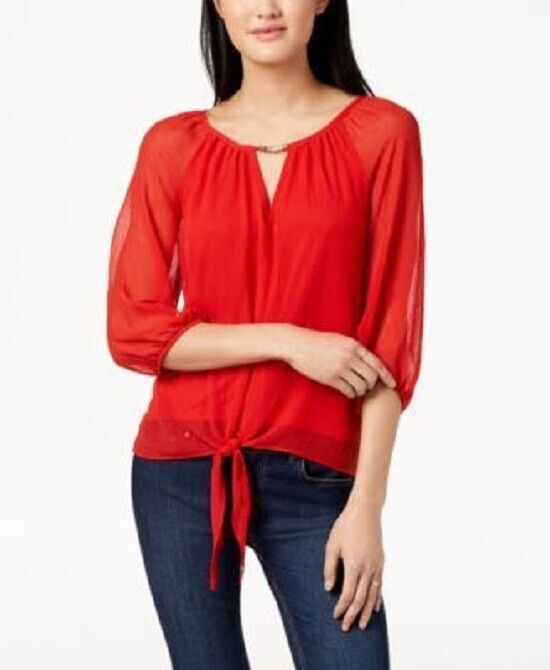 BCX Women's Red 3/4 Sleeve Keyhole Neck Knot Front Blouse Top Size Medium