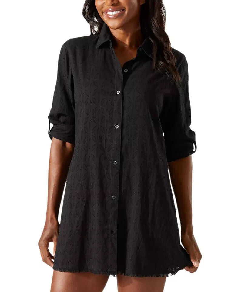 Tommy Bahama Womens Black Cotton Clip Jacquard Boyfriend Cover-Up Shirt Size L